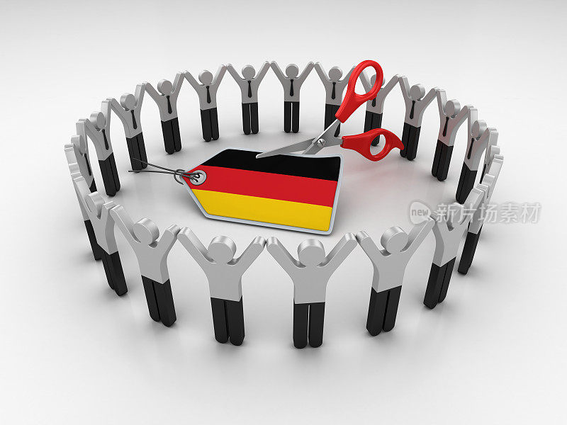 象形文字团队与德国国旗价格标签和剪刀- 3D渲染